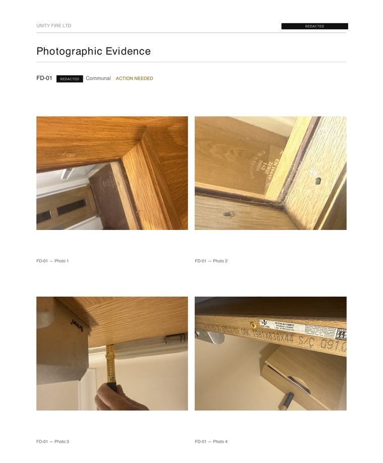Unity Fire inspection report — photographic evidence page, client and building details redacted